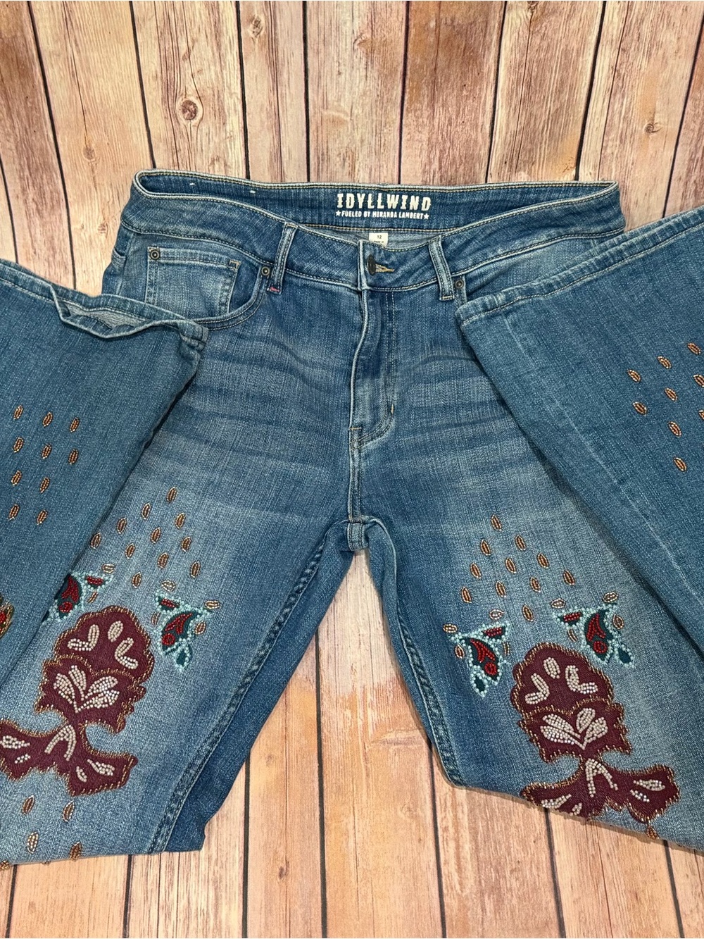 Idyllwind Fueled by Miranda Lambert Flare Jeans w/ Burgundy & Teal Embroidery